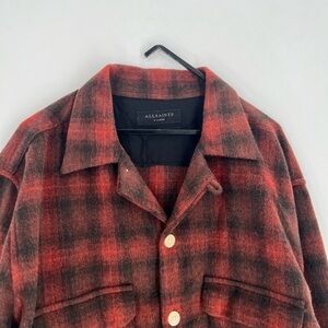 Allsaints Bernstadt Long Sleeve Button Up Check Plaid Camp Collar Shirt Jacket